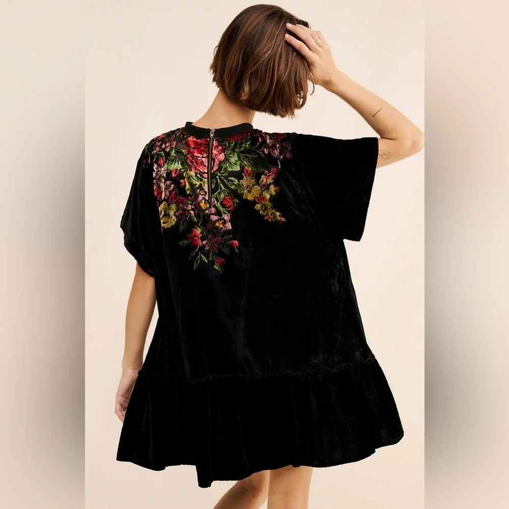 Free People Black Velvet Mini Dress with Red & Green Floral Embroidery
